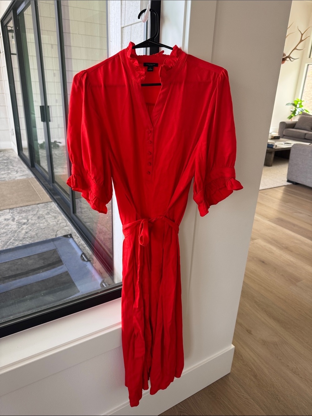 Ann Taylor Vibrant Orange/Red Midi Dress with Tie Waist